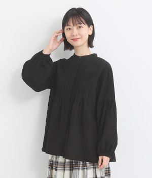 コットンオックス 前後タックパフスリーブブラウス(ブラック-L)