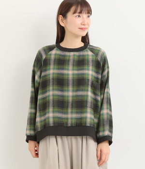 コットンオンブレチェック起毛 プルオーバー(グリーン-3L)