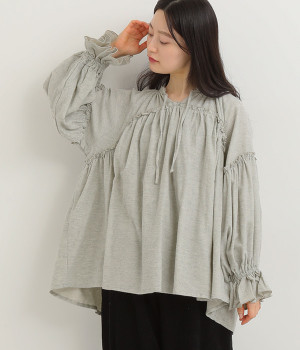 コットントップビエラ ギャザーフリルチュニックブラウス(グレー-L)