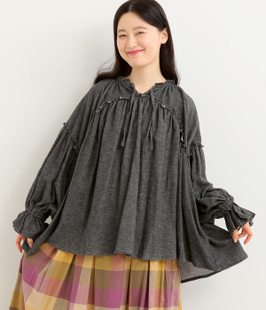コットントップビエラ ギャザーフリルチュニックブラウス(チャコール-L)