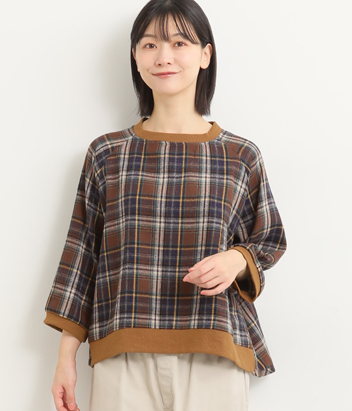 コットンソフトネルチェックポケット付プルオーバー(ブラウン-M)