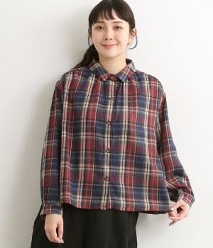 コットンソフトネルチェック襟付きシャツ(レッド-L)