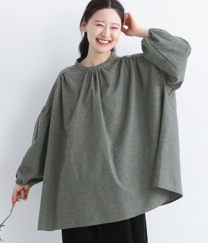 コットンネル起毛パフスリーブプルオーバー(チャコール-L)