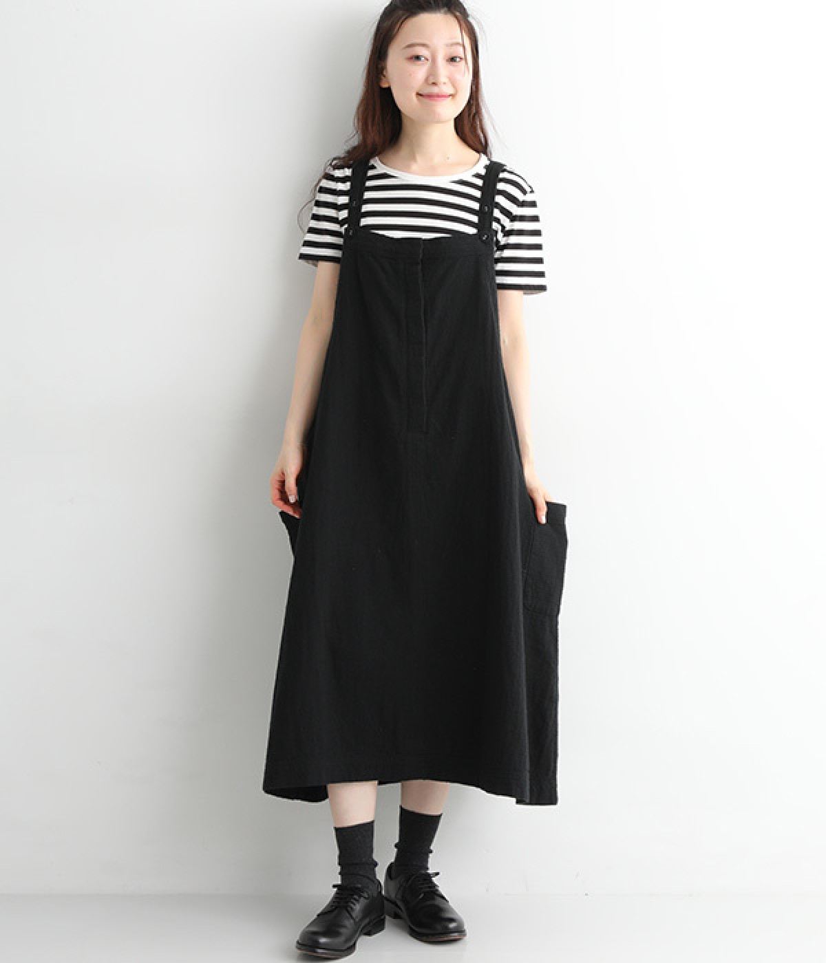 コットンリネン接結ジャンパースカート(ブラック-ONESIZE)