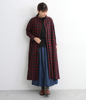 コットンブロックチェックシャツワンピース(レッド-M)