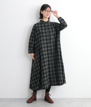 コットンブロックチェックシャツワンピース(ブラック-L)