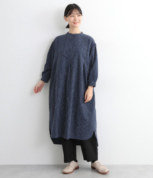 コットンリネン刺し子サイドスリットワンピース(ネイビー-L)