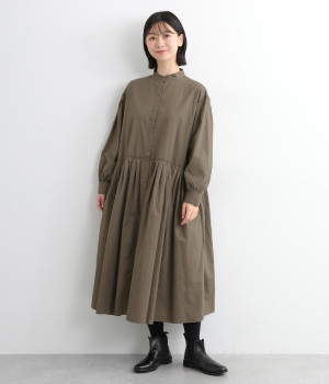 コットンハイカウントチノノーカラー前あきワンピース(カーキ-M)