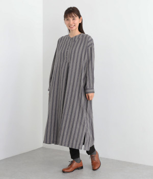 コットンリネンストライプ襟Vヘンリーネックワンピース(グレー-L)