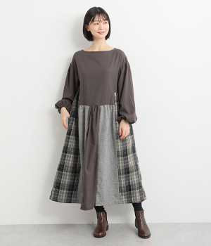 異素材切替ワンピース(グレー-ONESIZE)