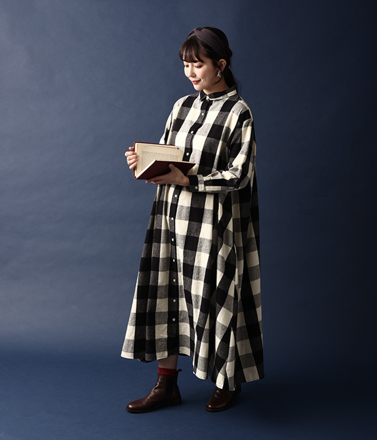 コットンビエラブロックチェックシャツワンピース(オフホワイト-M)