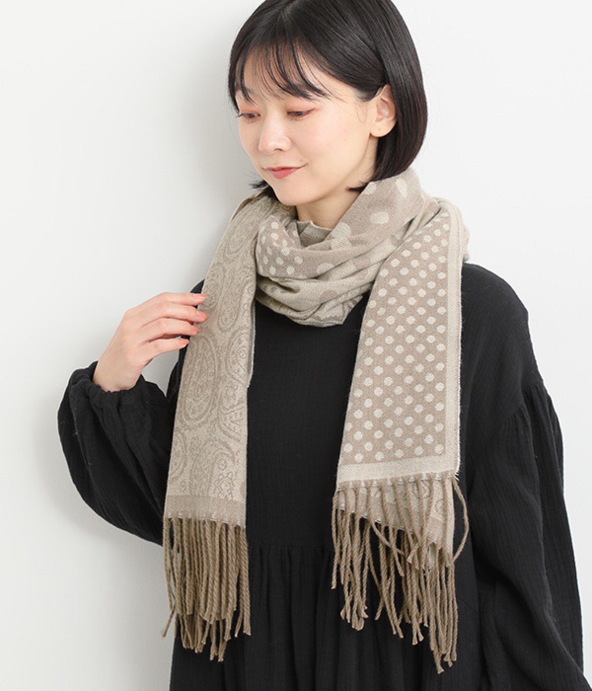 ネップ 総柄大判ストール(ベージュ-ONESIZE)