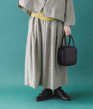 コットンリネン混ストライプフレアワイドパンツ(ベージュ-M)