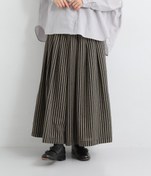 コットンリネン混ストライプフレアワイドパンツ(ブラック-M)