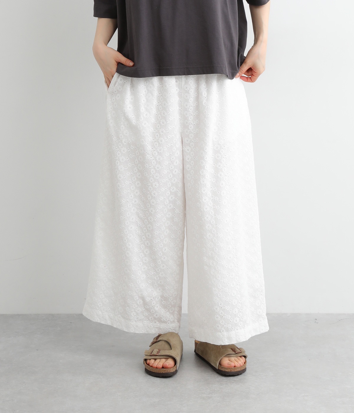 コットン刺繍レースワイドパンツ(ホワイト-M)