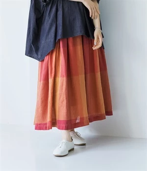 コットンリネンガーゼビッグチェックフレアスカート(レッド-L)