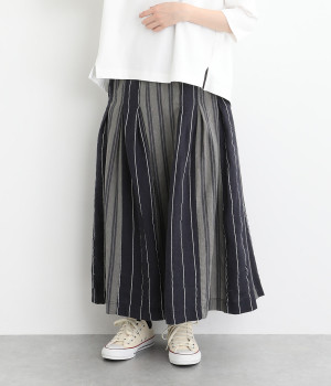 コットンリネンストライプギャザースカート(ネイビー-M)