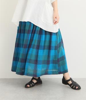 リネンコットンブロックチェックギャザースカート(ブルー-L)