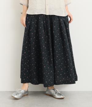 リネン小花プリントギャザースカート(ネイビー-ONESIZE)