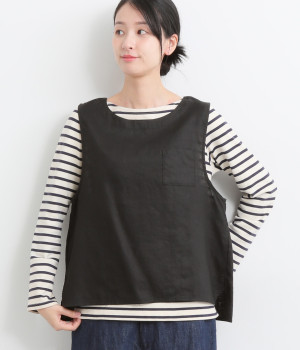 リネンオックス後ろスリットベスト(ブラック-M)