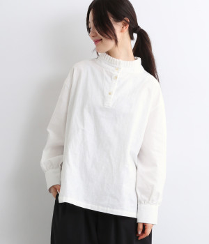 コットンリネンオックス襟フリルブラウス