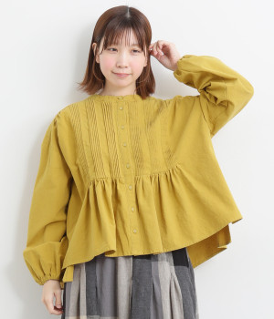 コットン15番ワッシャーピンタックギャザーシャツ(マスタード-L)