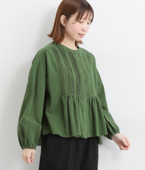 コットン15番ワッシャーピンタックギャザーシャツ(グリーン-L)
