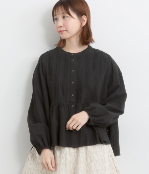 コットン15番ワッシャーピンタックギャザーシャツ(ブラック-L)