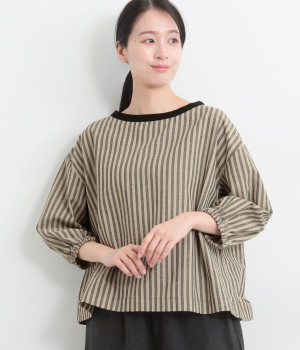 コットンリネン混ストライププルオーバー(ベージュ-L)