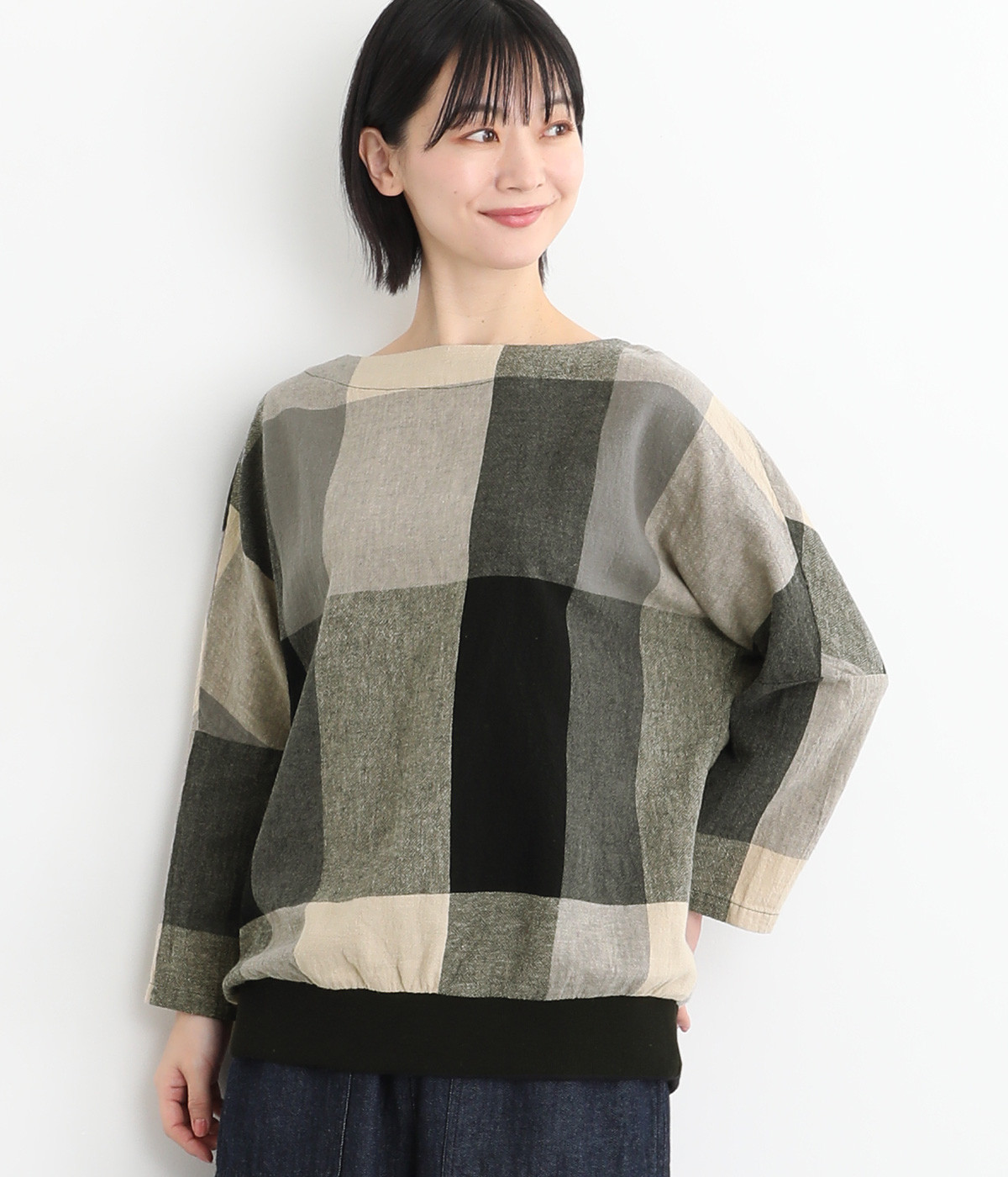 新品！！シュクウール コットンリネンガーゼビッグチェックリブプルオーバー（D*g*y