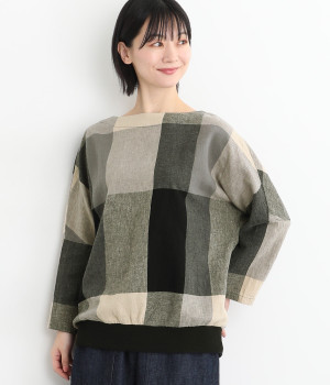 コットンリネンガーゼビッグチェックリブプルオーバー