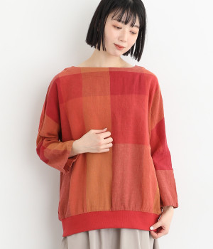 コットンリネンガーゼビッグチェックリブプルオーバー(レッド-L)