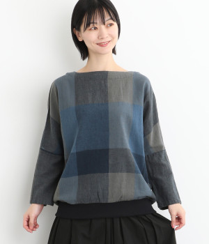 コットンリネンガーゼビッグチェックリブプルオーバー(ネイビー-L)