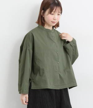 コットンハイカウントチノスタンドカラーシャツ(カーキ-L)