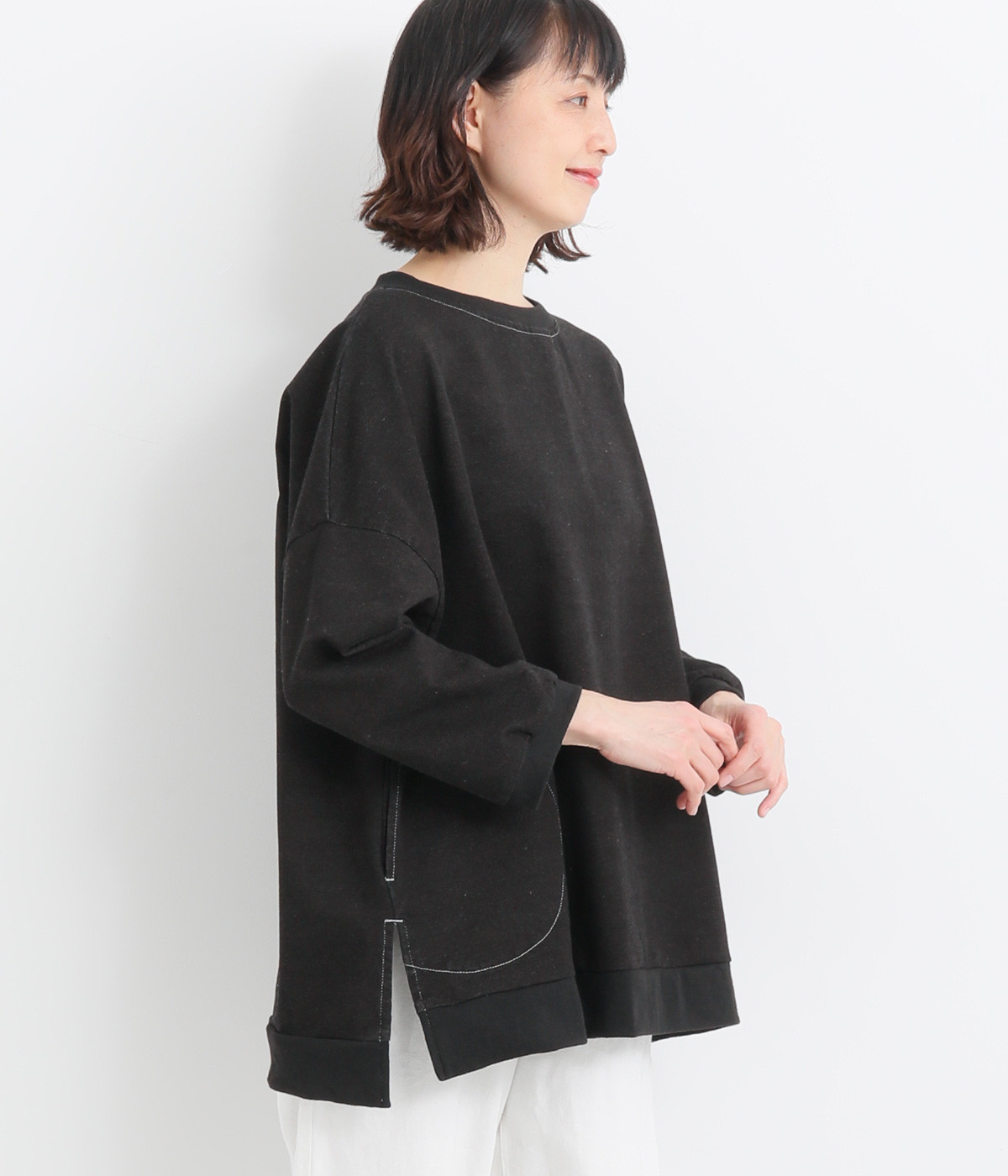 裏毛デニムリブチュニック(ブラック-M)