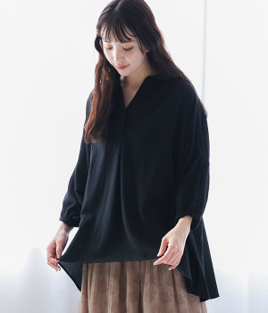 コットンジョーゼットスキッパーブラウス(ブラック-ONESIZE)