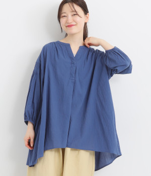 コットンジョーゼットスキッパーブラウス(ブルー-ONESIZE)