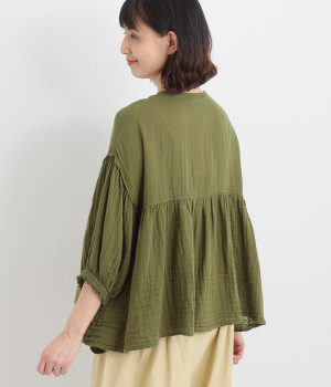 コットンWガーゼバルーンスリーブブラウス(カーキ-L)