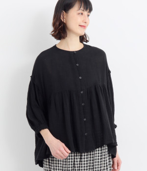 コットンWガーゼバルーンスリーブブラウス(クロ-L)