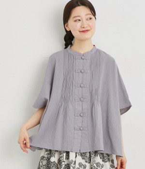コットンワッシャーチャイナボタンピンタックブラウス(グレー-LL)