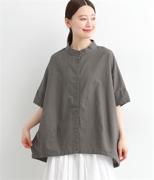 コットンリネンオックスバンドカラーコクーンシャツ(チャコール-M)