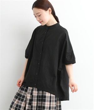 コットンリネンオックスバンドカラーコクーンシャツ(ブラック-M)