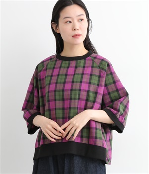 コットンオックスチェックリブ使いシャツ(パープル-3L)