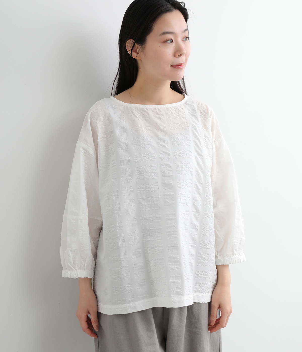 コットンリップル袖ゴムプルオーバー