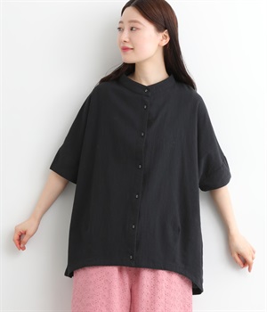コットンワッシャーバンドカラーコクーンシャツ(ブラック-L)