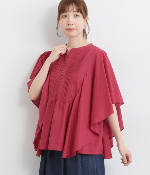 コットンローンピンタック多ボタンブラウス(レッド-L)