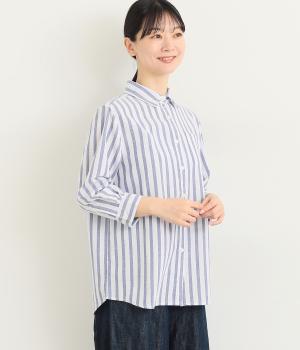 コットンワッシャーストライプシャツ(ブルー-L)
