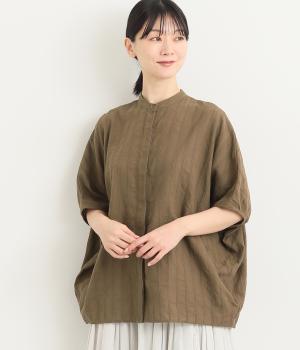 コットンガーゼドビーバンドカラーシャツ(ブラウン-L)