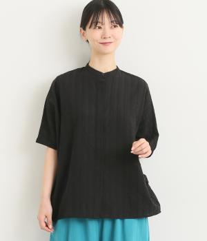 コットンガーゼドビーバンドカラーシャツ(ブラック-L)