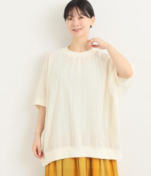 コットンガーゼドビーリブ切り替えブラウス(ホワイト-L)